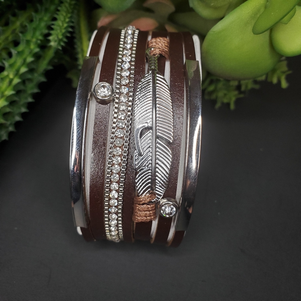 Ethnic Braided Wide Bangle For Women Rhinestone Metal Feather Leather Bracelets